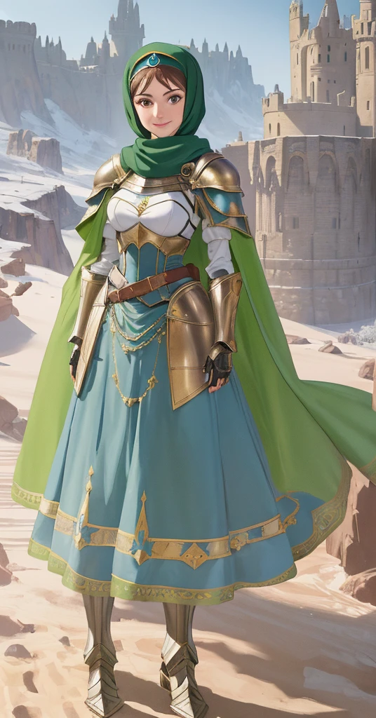 masterpiece, best quality:1.2), 1girl, smile, looking at viewer, green eyes, short brown hair, princess, armor, blue hijab headscarf, pauldrons, armored dress, green cloak cape, wearing y blue ballgown skirt, armored boots, fingerless gloves, standing in front of desert castle