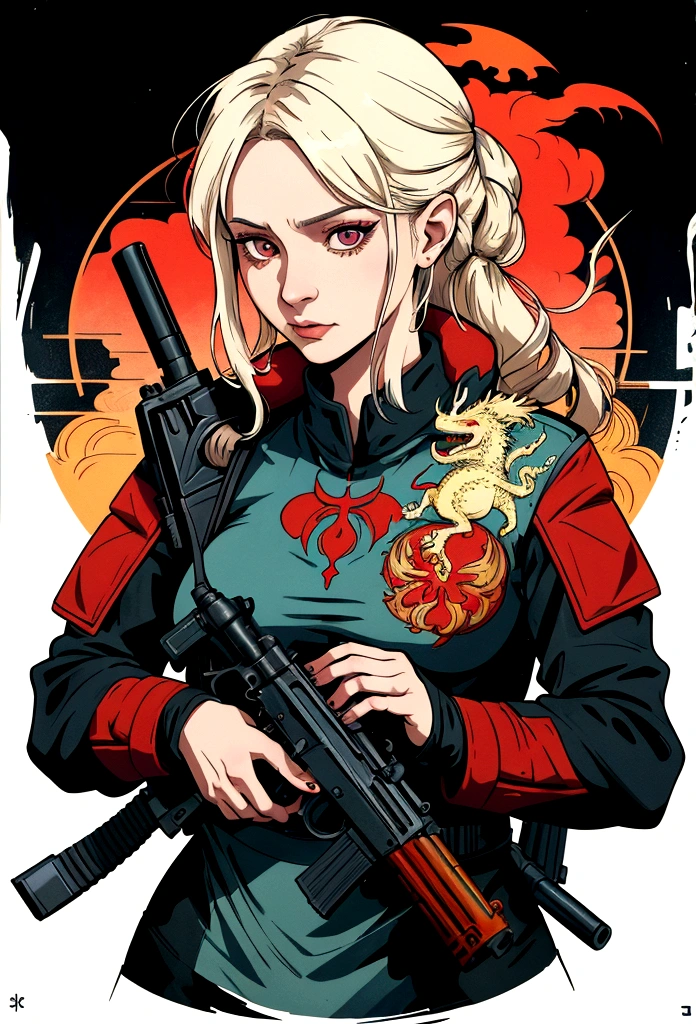 arafed image of a russian woman with a gun and a dragon laying in her shoulder, delirious, defiant, official artwork, 3delight, full color illustration, cd cover artwork, detailed cover artwork, full color digital illustration, delicate, demolition, defiant and beautiful, detailed artwork, destitute, 3 color screen print, artwork