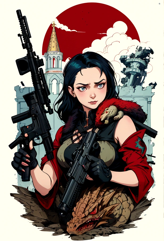 arafed image of a russian woman with a gun and a dragon laying in her shoulder, delirious, defiant, official artwork, 3delight, full color illustration, cd cover artwork, detailed cover artwork, full color digital illustration, delicate, demolition, defiant and beautiful, detailed artwork, destitute, 3 color screen print, artwork