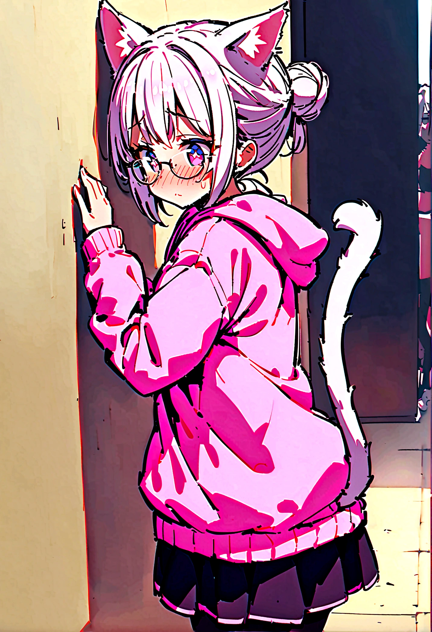 I have white pink hair, cat ears, a bun, my face is super blushing, black glasses, pink heart eyes, a big pink sweatshirt, a black skirt, black stockings, white shoes, a cat&#39;s tail, a girl. very shy that she is glued to a wall with her butt