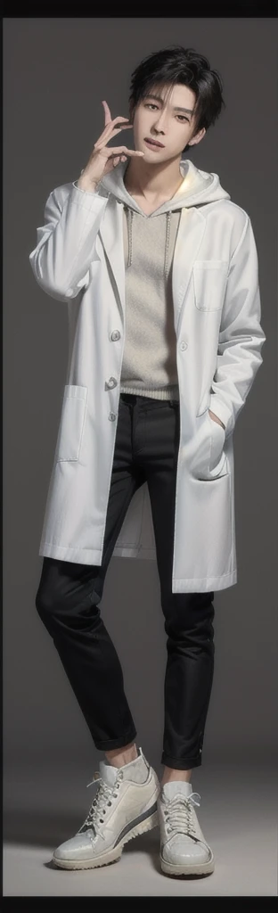 (photorealistic:1.2), (high detail face:1.3), (high detail hands:1.3), (anatomically correct hands:1.2), handsome young asian man, Japanese idol style, short clean-cut hair, ((center part)), (crisp white lab coat:1.3), ((black hoodie underneath:1.2)), (black pants:1.2), (black shoes:1.2), calm confident expression, (holding a product in right hand:1.3), (pointing with left index finger:1.3), explaining pose, plain white background, mid-shot portrait, full body view, high quality, detailed, 8K, (realistic skin texture:1.2), (sharp focus:1.1), (contrast between white coat and black clothing:1.2)