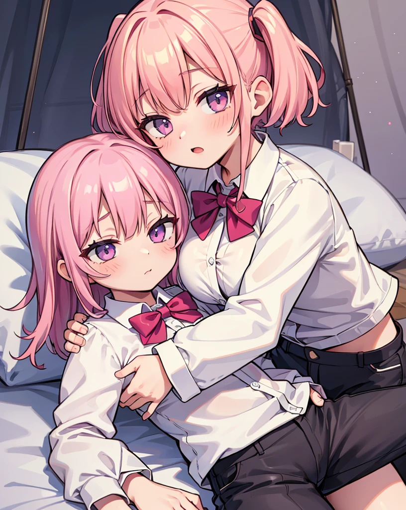 masterpiece, Highest quality, so beautiful, absurdists,High resolution,One girl, One boy,Cuddling in bed, like,sexly,Look at each one, blush,Age difference,bow tie,blondes,chest,Long Hair,Pink Hair,Tucked in shirt,Tent shirt,Slut,Big breasted sister and brother,Siblings,Trousers with bulging crotch,Pushing her big tits against her brother,My brother&#39;s penis erect in his trousers,My brother&#39;s small erect penis