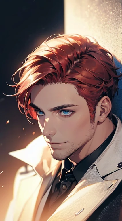(best quality,4k,8k,highres,masterpiece:1.2),ultra-detailed,(realistic,photorealistic,photo-realistic:1.37),1 man,31 years old,mature man,very handsome,without expression,smile,short grey red hair,blue eyes,penetrating gaze,perfect face without errors,imposing posture,businessman,office background,cinematic lighting,hdr image