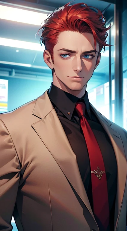 (best quality,4k,8k,highres,masterpiece:1.2),ultra-detailed,(realistic,photorealistic,photo-realistic:1.37),1 man,31 years old,mature man,very handsome,without expression,smile,short grey red hair,blue eyes,penetrating gaze,perfect face without errors,imposing posture,businessman,office background,cinematic lighting,hdr image