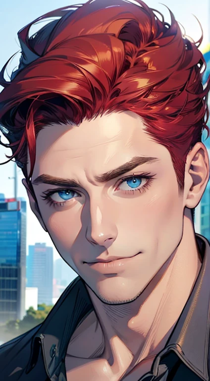 (best quality,4k,8k,highres,masterpiece:1.2),ultra-detailed,(realistic,photorealistic,photo-realistic:1.37),1 man,31 years old,mature man,very handsome,without expression,smile,short grey red hair,blue eyes,penetrating gaze,perfect face without errors,imposing posture,businessman,office background,cinematic lighting,hdr image