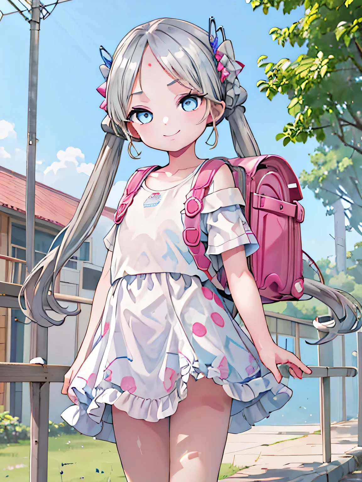 masterpiece, (((Highest quality))), (((High resolution))), One girl, Long Hair, One side up, alone,(((Silver twin tails))),(((Bangs parted in the middle))),(((Center-parted bangs))),(((blue eyes))),(((Short girl))),  (Red mark on the forehead),Bare shoulders, Pink Shirt, Floral print, Short sleeve, Off-the-shoulder shirt, Frills, Blue Skirt, Cowboy Shot, smile,Are standing, whole body, Wearing high heels, carrying a red school bag, (randoseru backpack:1.2), Outdoor, Day,Vritika Balakrishnan,