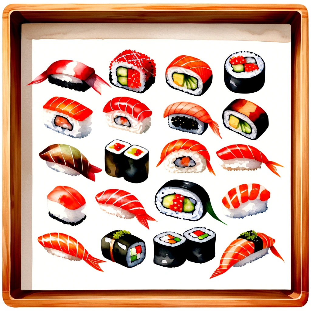 there are many different type delicious sushi, served in a wooden tray, the tray is full, illustration, isolated with solid white background, surrounded with negative space, centered compositon, 8k, highly detailed painting, very precise painting, Isolated, clear brilliant white background, perspective angle of view, vector clipart, washed out color ((lora:add-detail-xl:1)), (watercolor),