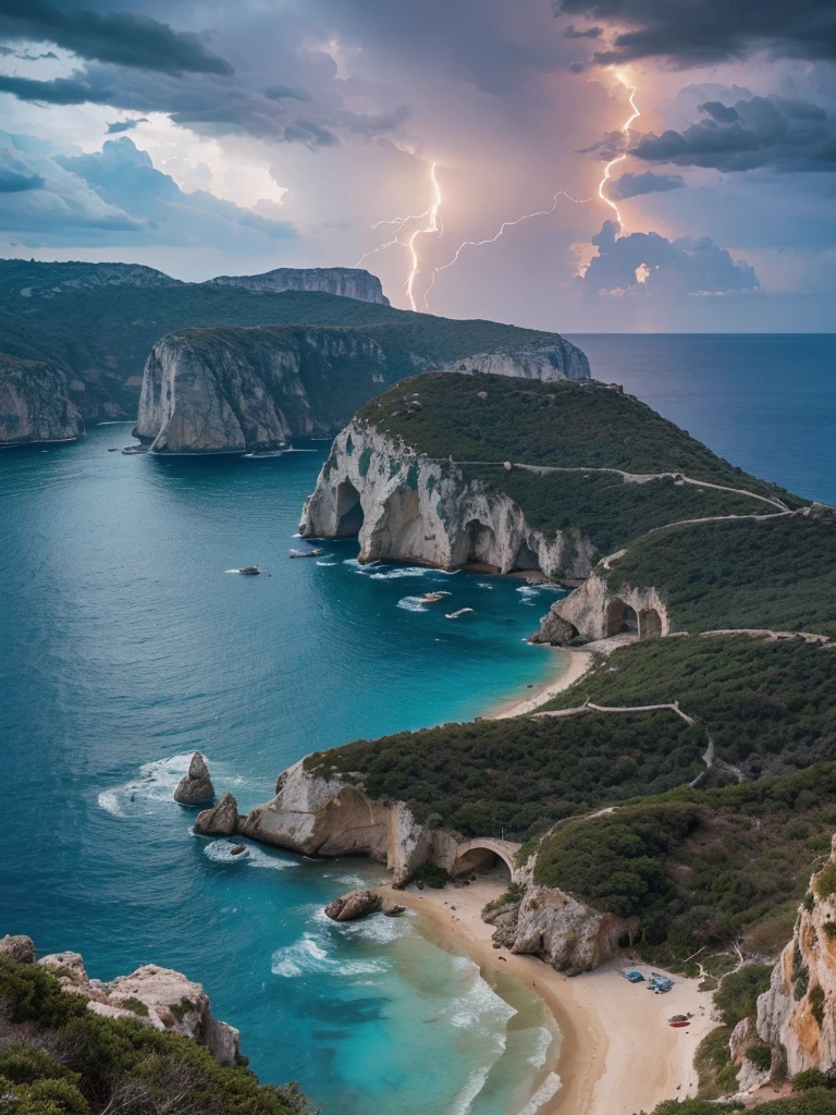 there is a table and chairs on the beach near the water, beautiful place, greek setting, mediterranean island scenery, paradise in the background, vibrant setting, setting in nature, fantasy setting, over a calanque, stunning view, overlooking the ocean, beautful view, beautiful environment, mediterranean vista, instagram photo amazing view, calanque, scenic view, beautiful view, amazing lightning art, natural lightning, creepy lightning, amazing lightning, dramatic lightening, lightning creating life, crackling with lightning, epic lightning, colossal lightning, scary lightning, beautiful lightning, lightning strikes, exquisite lightning, insane lightning, national geographic photo”, thunderstorm and fire, lightning strike,
