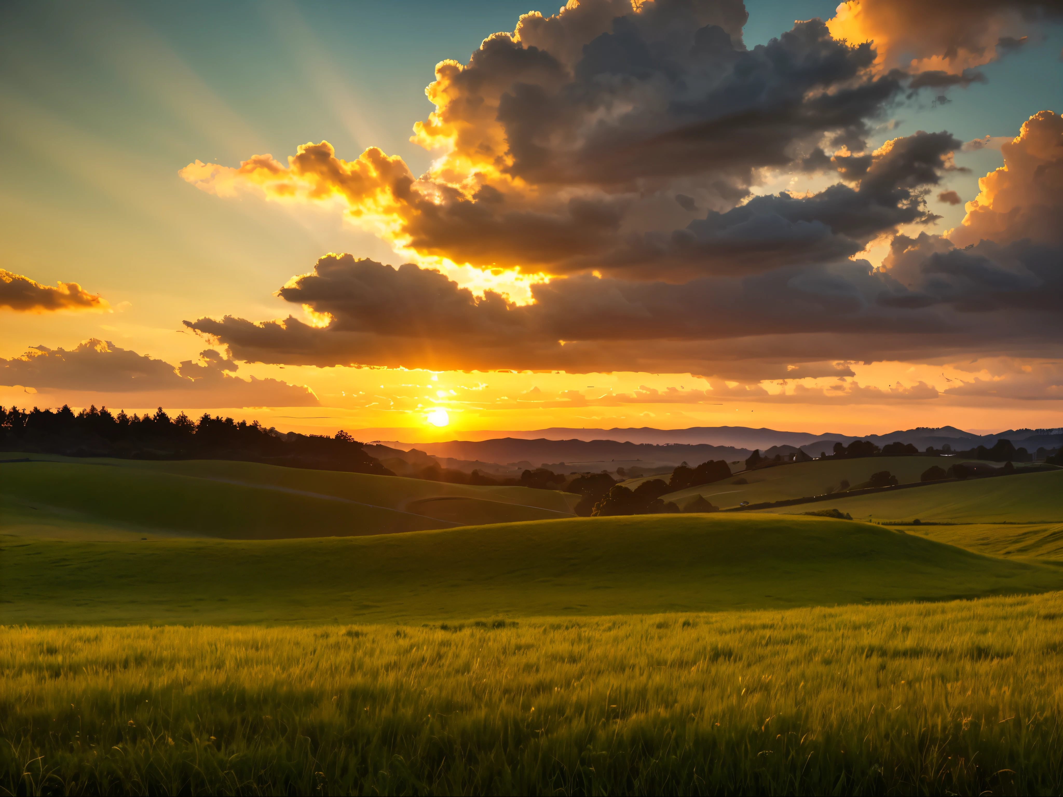 sunset over the field, beautiful dramatic sunset, golden hour, idyllic landscape, lush green field, rolling hills, wispy clouds, warm lighting, photorealistic, highly detailed, 8k, (best quality, 4k, 8k, highres, masterpiece:1.2), ultra-detailed, (realistic, photorealistic, photo-realistic:1.37), vivid colors, cinematic, epic, landscape, stunning natural beauty