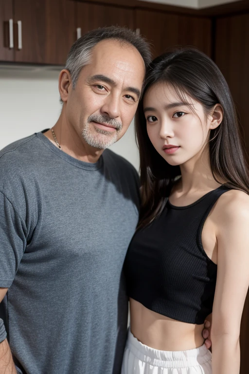 A Chinese man and a young Korean woman, age difference, age difference, giant size, ((80 year old man, cao 1m80, bearded, muscular body, smiling face, body full of hair, broad shoulders, eo hẹp, 8-pack abs, hug standing, squeeze the girl&#39;s chest)), ((18 years old sexy young girl, cao 1m60, small size and skinny, long black hairstyle, face red because of embarrassment, tư thế tình dục, kiss, ngực F cup)), 40 year old man, A young girl, sea, wooden hut, Detailed face, thực tế, ngực, nude, tình dục, see-through tank top, large chest groove, small areola; full body photo