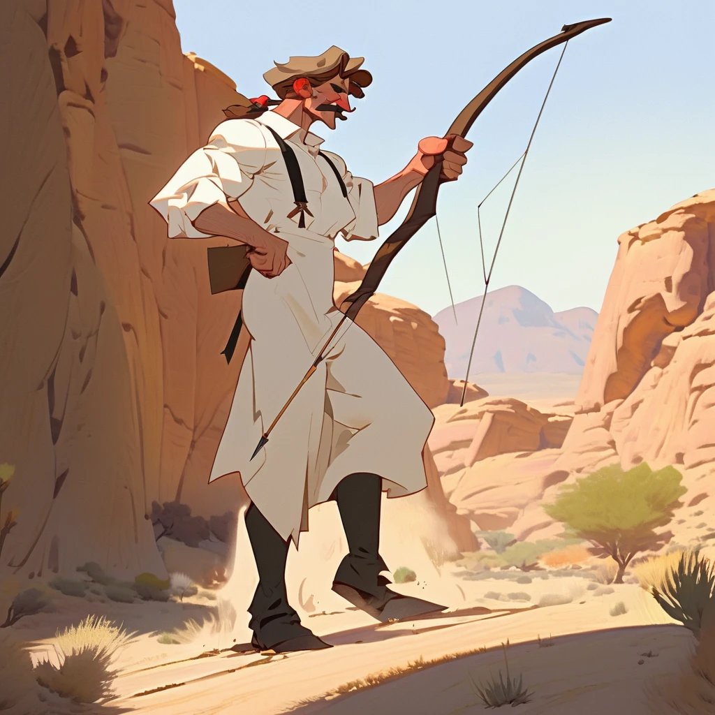1man, Western, Brown wavy hair, strong Body, white dress shirt with, black suspender,black pants patched, Beret, big franch mustache, Arrogant, young adult, Muscular, full body, Holding a bow and arrow, Farm in the desert, Stable