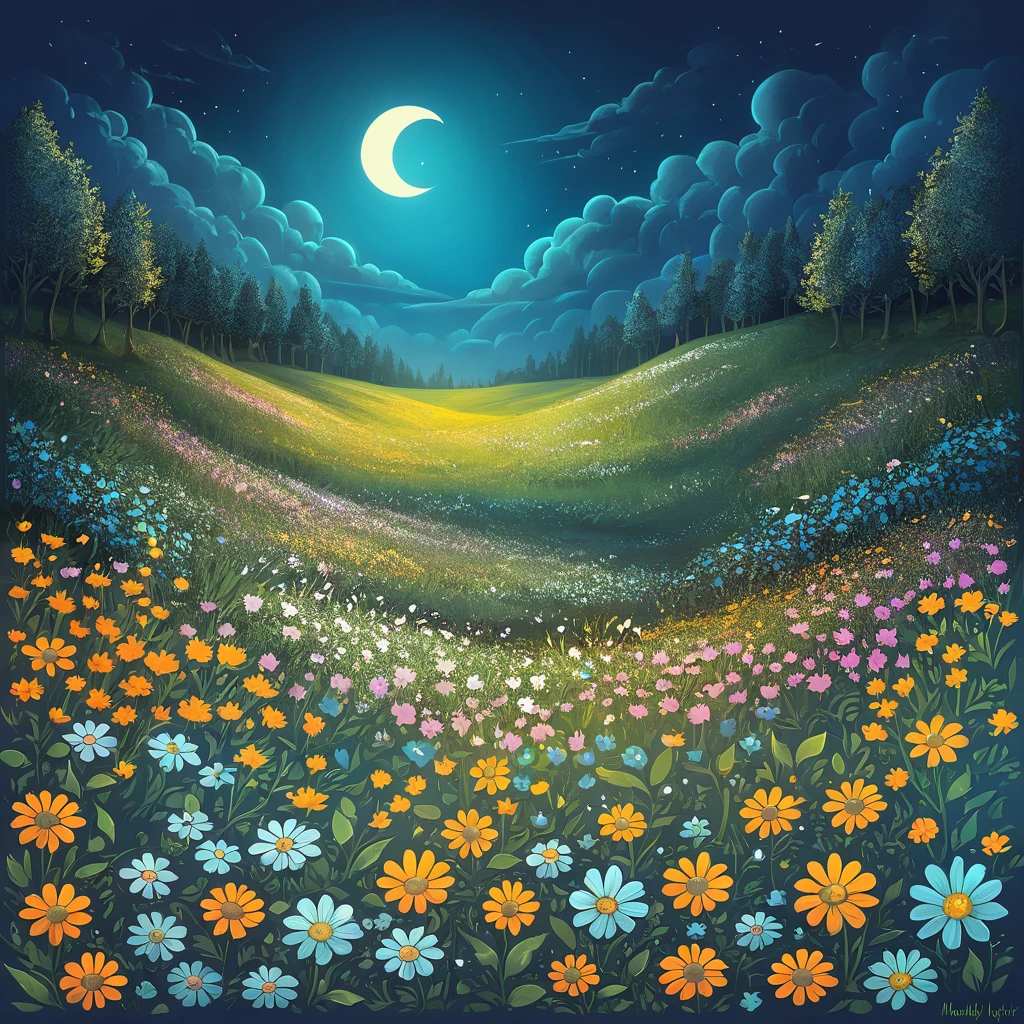 moonlight knight field of flowers in eclectic art style