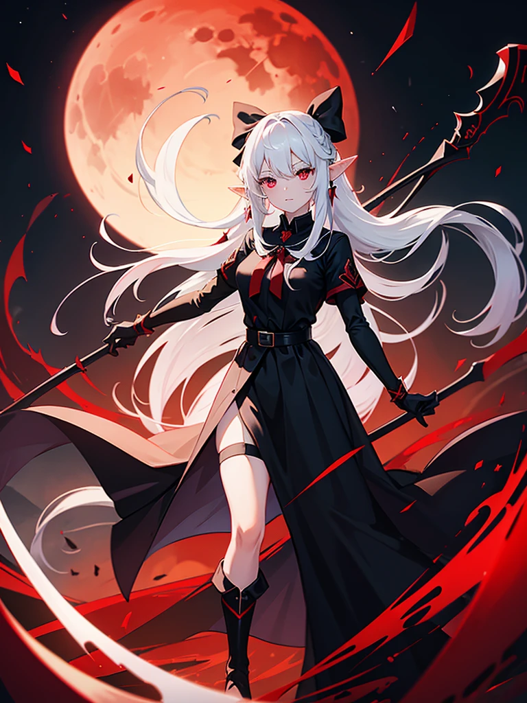 1 Girl Elf, black dress, red stockings, red eyes, white hair with bow, with a huge scythe, against the backdrop of the red moon, night, looking at viewer, 8k, masterpiece, high res, ultrasharp