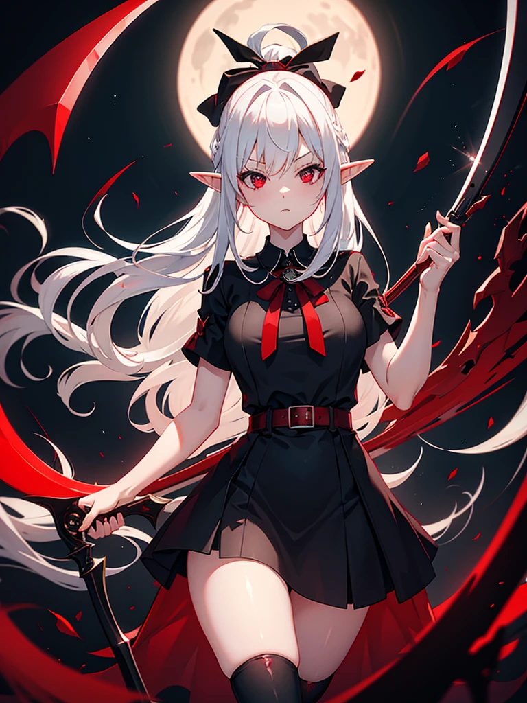 1 Girl Elf, black dress, red stockings, red eyes, white hair with bow, with a huge scythe, against the backdrop of the red moon, night, looking at viewer, 8k, masterpiece, high res, ultrasharp
