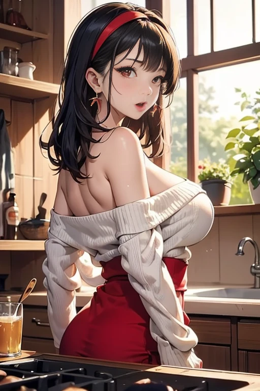 masterpiece, yor, 1girl, Bust A Cup, Amazing Cleavage:1.3, thin waist, big ass, Raised sexy, big breast: 1.2 posed cleavage:1.2、solo, looking at viewer, open mouth, have a cute grass of cute beergrass,black hair, red eyes, dress, bare shoulders, jewelry, collarbone, sidelocks, hairband, earrings, indoors, off shoulder, :o, sweater, arms behind back, plant, short hair with long locks, white hairband, off-shoulder dress, sweater dress, off-shoulder sweater, red sweater, big side hair, very long side hair,is rendered in (masterpiece: 1.2, best quality), with (ultra high resolution) and an exquisite (depth of field). This masterpiece is not only visually stunning but also tells,A scene of cooking in the kitchen
