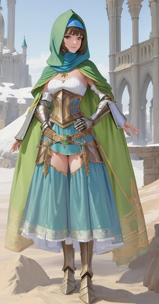 masterpiece, best quality:1.2), 1girl, smile, looking at viewer, green eyes, short brown hair, princess, armor, blue hijab headscarf, pauldrons, armored dress, green cloak cape, wearing puffy blue ballgown skirt, armored boots, fingerless gloves, standing in front of desert castle