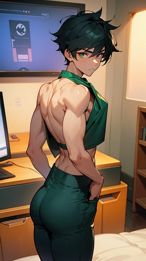College boy. Boy. Male. Short hair. He is a handsome man, very disciplined and studious. He has a slim toned body and a thick rear, wears a green short short, making his voluminous large ass stand out. Orange crop top. Black messy hair. High quality. Bending over, leaning, rear pointed at camera, looking back. Gaming room.
