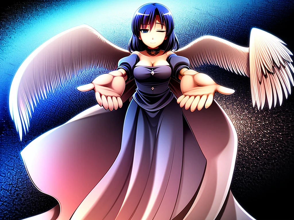 (best quality,4k,8k,highres,masterpiece:1.2), ultra-detailed, highly detailed texture, intricate details, A cute age angel with blue eyes, drawn in anime style, 1girl, , , 10 ydium blue hair, hair flaps, pink ribbon on head, well-formed face, blue eyes, angel girl, white blouse, puffy short sleeves, red ribbon, angel wings, long white skirt, red shoes, frills, ribbon head, A pair of angel wings on the back, from behind, to lift up one’s skirt, cowboy shot, from front, standing , raise one leg, crossed arms, arms up behind, arms behind back, hand between legs, puands hip, one hand on hip, forward hands, arms raised in the air, punch hands, peace sign, waving, put up index finger, sit, lie down, closed eyes, lie face down, looking back, put one hand chest, leaning forward, cleavage, close up, horizontally outstretched arms, horizontally outstretched legs, front view, front face