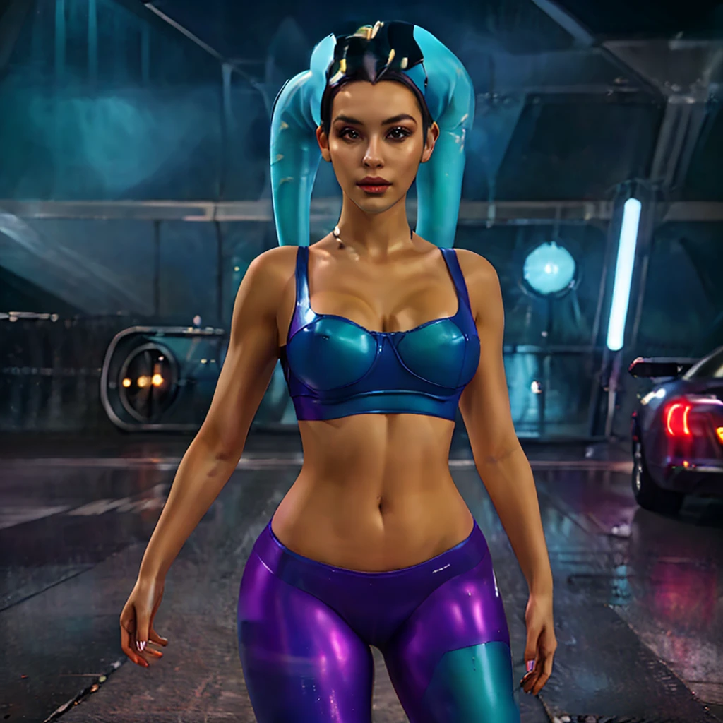 masterpiece, best quality, high quality, extremely detailed 32k unit an enchanting front view, A pretty 25 year old Twilek haired woman, she is standing out side Futuristic Building at night, she is wearing  teal leggings and a crop top, her hair is Choppy Bob hair style, she looks beautiful in the glow of the street lights,(best quality ,photorealistic)
