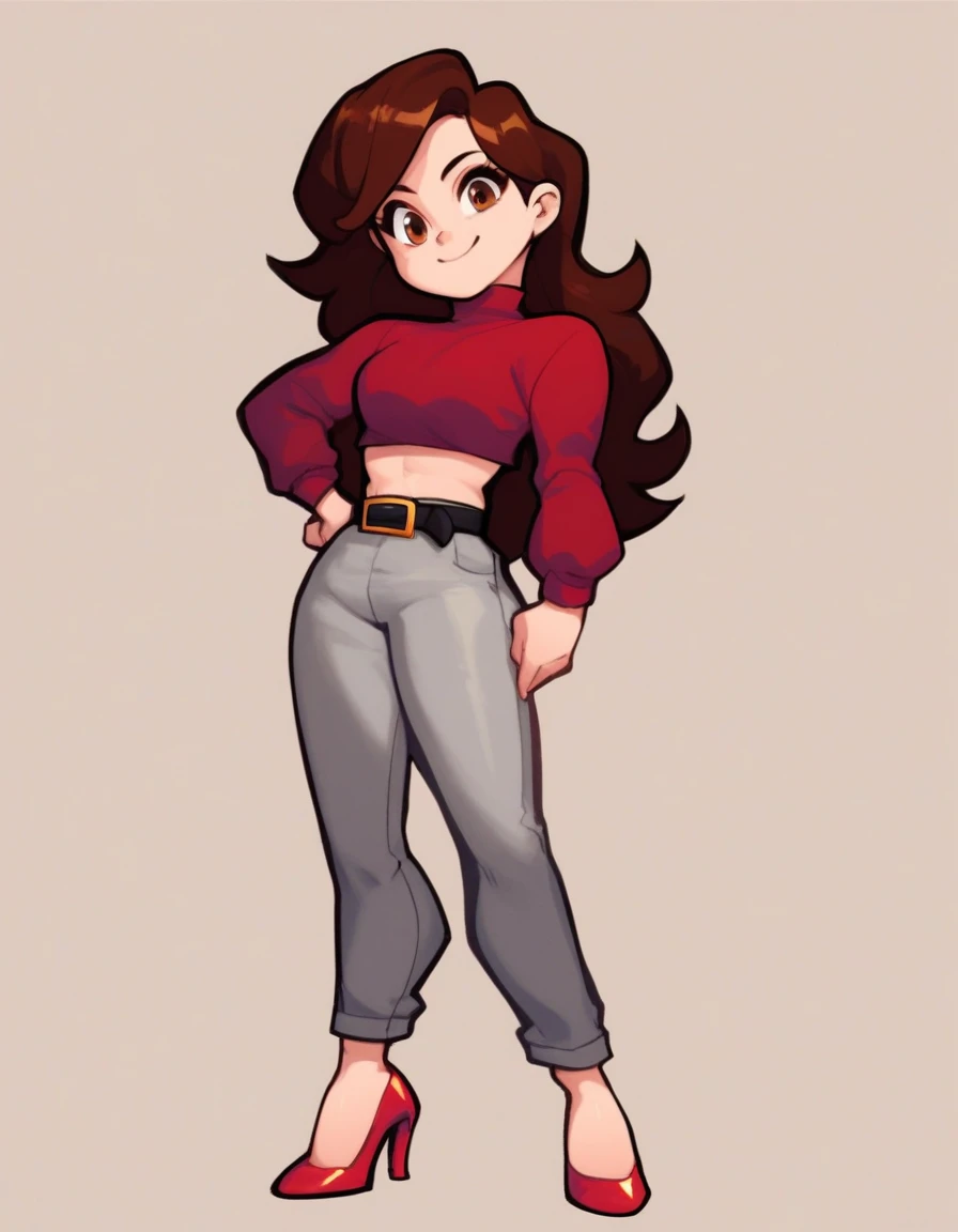 girl, 1girl, solo, long hair, smile, simple background, brown hair, shirt, long sleeves, brown eyes, standing, full body, shoes, midriff, belt, pants, high heels, crop top, red footwear, red shirt, grey pants, red high heels, source, black eyes,