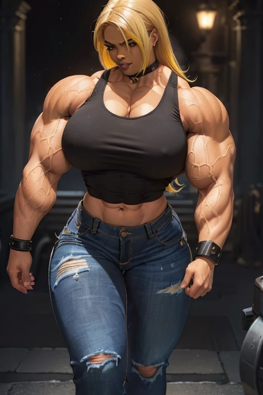 (((((Massive, beautiful, buff, light brown skinned muscular woman with yellow hair, black lipstick, ginormous bulky muscles, walking fearlessly and wearing a black tank top with tight denim jeans))))), (close view), massive muscles, hyper muscles, long flowing hair, ((black leather tank top)), gray eyes, (spiky gauntlets), choker, ((tight denim jeans)), black boots, (in the Darkened city), (Dark and moody universe:1.4), closed smile, night, 