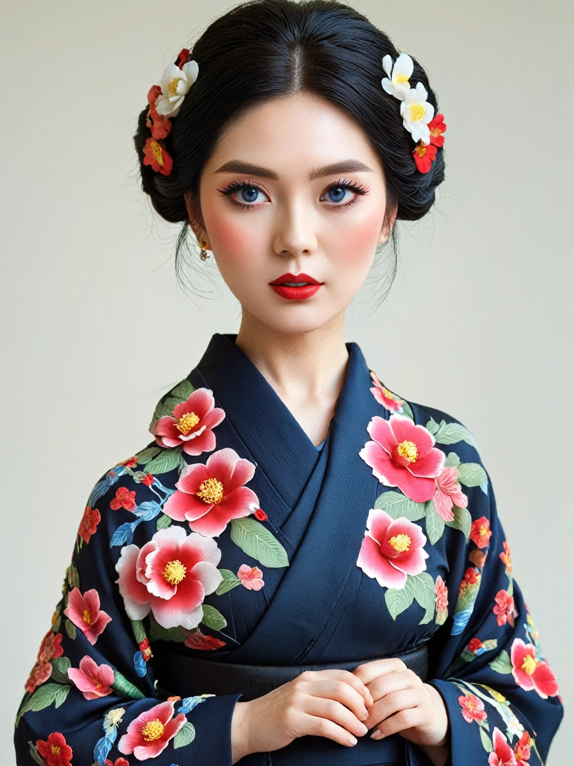 An elegant black kimono with camellia pattern、Red lips、絶世のBeauty、Dark blue eyes、Beauty、Pure white skin、Straight Hair、Black Hair、Updo hairstyle、Beautiful person、Japanese、Serve Odeco、flying happily、Cute、mini、Big eyes、Cute round eyes、miniキャラ、Fantasyかわいい、miniキャラ、Fantasyかわいい、miniキャラ、Fantasy、It is made of clay