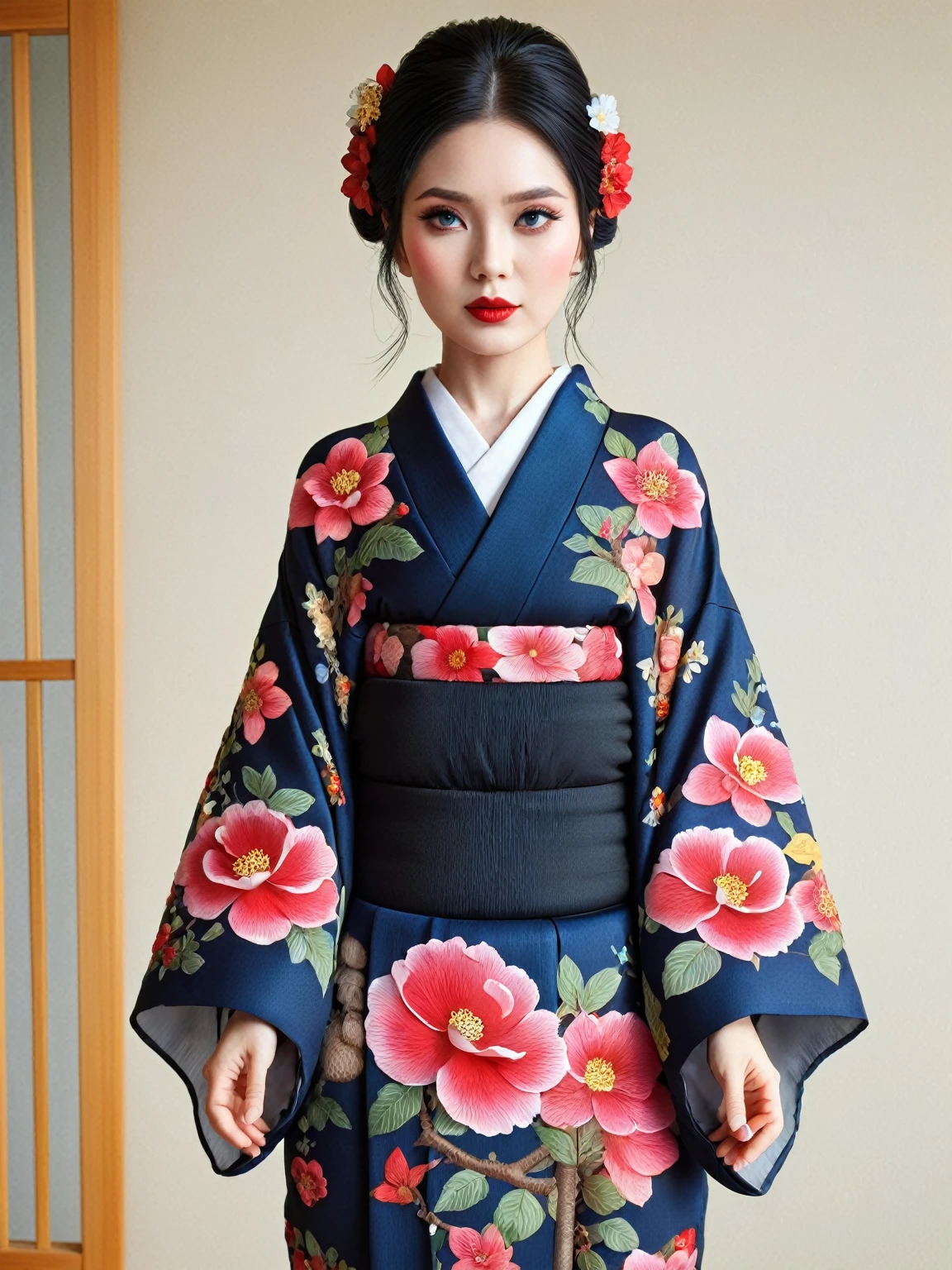 An elegant black kimono with camellia pattern、Red lips、絶世のBeauty、Dark blue eyes、Beauty、Pure white skin、Straight Hair、Black Hair、Updo hairstyle、Beautiful person、Japanese、Serve Odeco、flying happily、Cute、mini、Big eyes、Cute round eyes、miniキャラ、Fantasyかわいい、miniキャラ、Fantasyかわいい、miniキャラ、Fantasy、It is made of clay