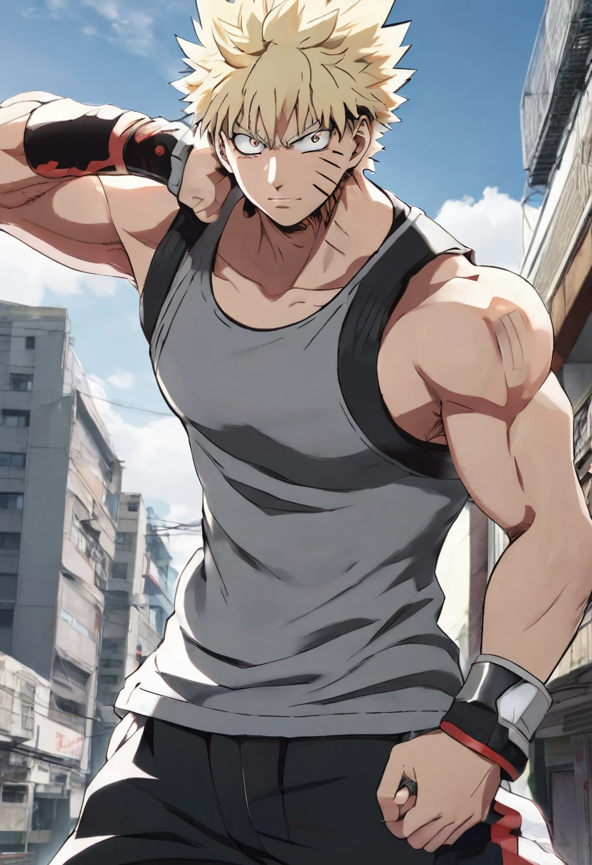 Katsuki Bakugou, blondie hair, Eyes red, toned and muscular body, wearing a tight gray tank top, muscular chest, muscular arms, flexing the right arm, gigant ass