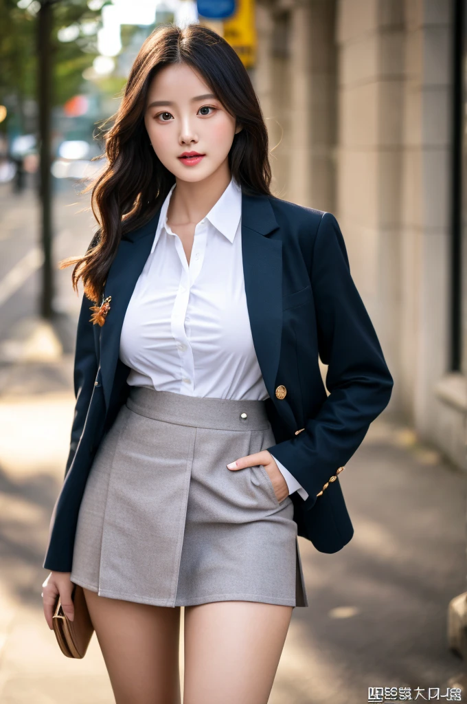 a 17 year old girl, she is the most beautiful actress in the world, the perfect body proportions of this girl, her upper body with it's large breasts within the formal shirt are clothed with the blazer that's buttoned up on her waist area between shirt and short skirt, her crotch area of the panties between her bare legs are hardly hidden by the short skirt, the front of her body, the one description, she is standing straight, at the street, nsfw, best quality, highly detailed, masterpiece, ultra high res, photo realistic, 8k, RAW photo
