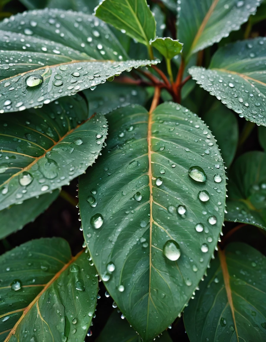 a close up of a plant with water droplets on it, dew, plant photography, drops, droplets, large leaves, detailed droplets, dew drops, muted green, focus on droplets, wet leaves, dewdrops, big leaves, f/3.5, water droplets, highly detaild, morning detail