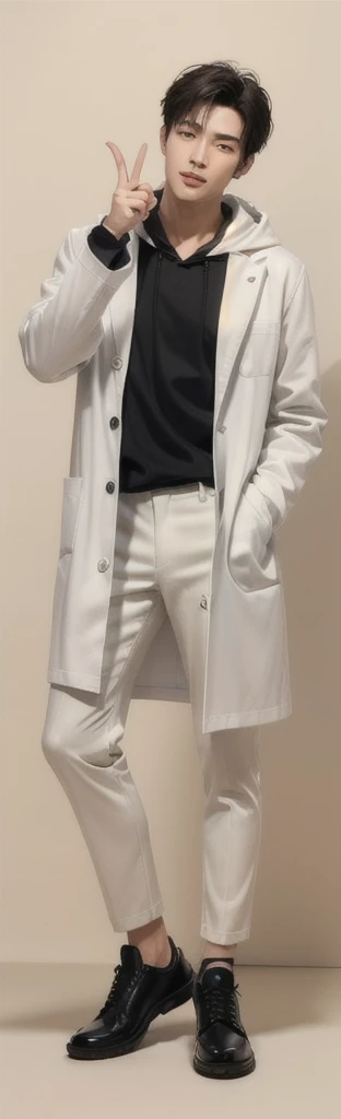 (photorealistic:1.2), (high detail face:1.3), (high detail hands:1.3), (anatomically correct hands:1.2), handsome young asian man, Japanese idol style, short clean-cut hair, ((center part)), (crisp white lab coat:1.3), ((black hoodie underneath:1.2)), (black pants:1.2), (black shoes:1.2), calm confident expression, (holding a product in right hand:1.3), (pointing with left index finger:1.3), explaining pose, plain white background, mid-shot portrait, full body view, high quality, detailed, 8K, (realistic skin texture:1.2), (sharp focus:1.1), (contrast between white coat and black clothing:1.2)
