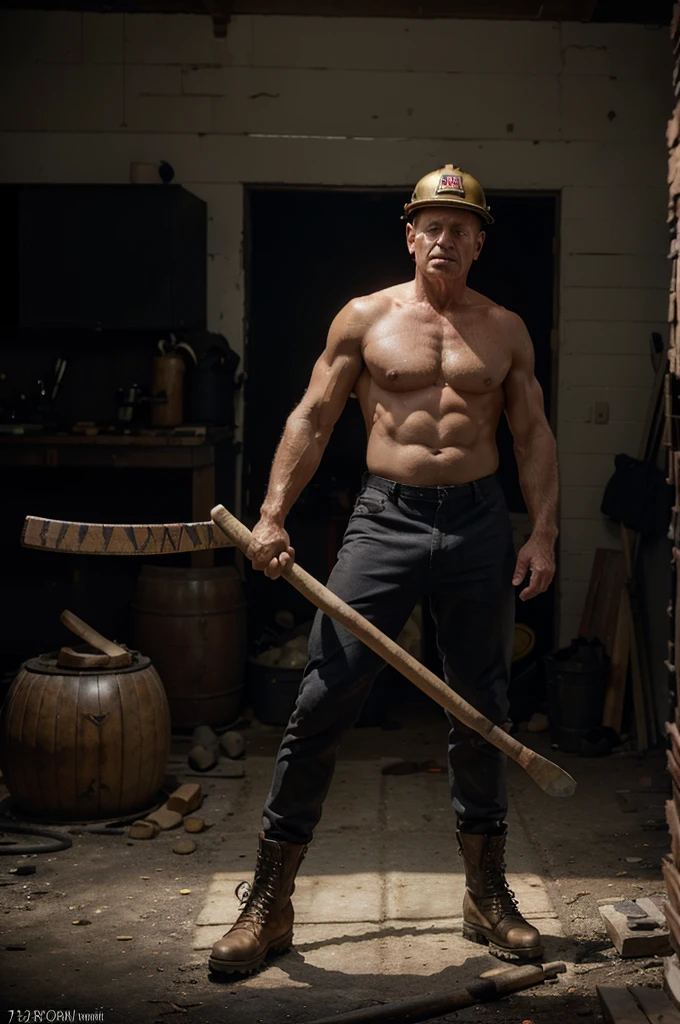 a shirtless 79 year old fireman, extremely detailed, holding an ax, fire behind him, wearing fireproof pants, fireproof boots, helmet, best quality, 8k, highres, masterpiece:1.2, ultra-detailed, realistic, photorealistic:1.37, studio lighting, extreme detail description, professional, vivid colors