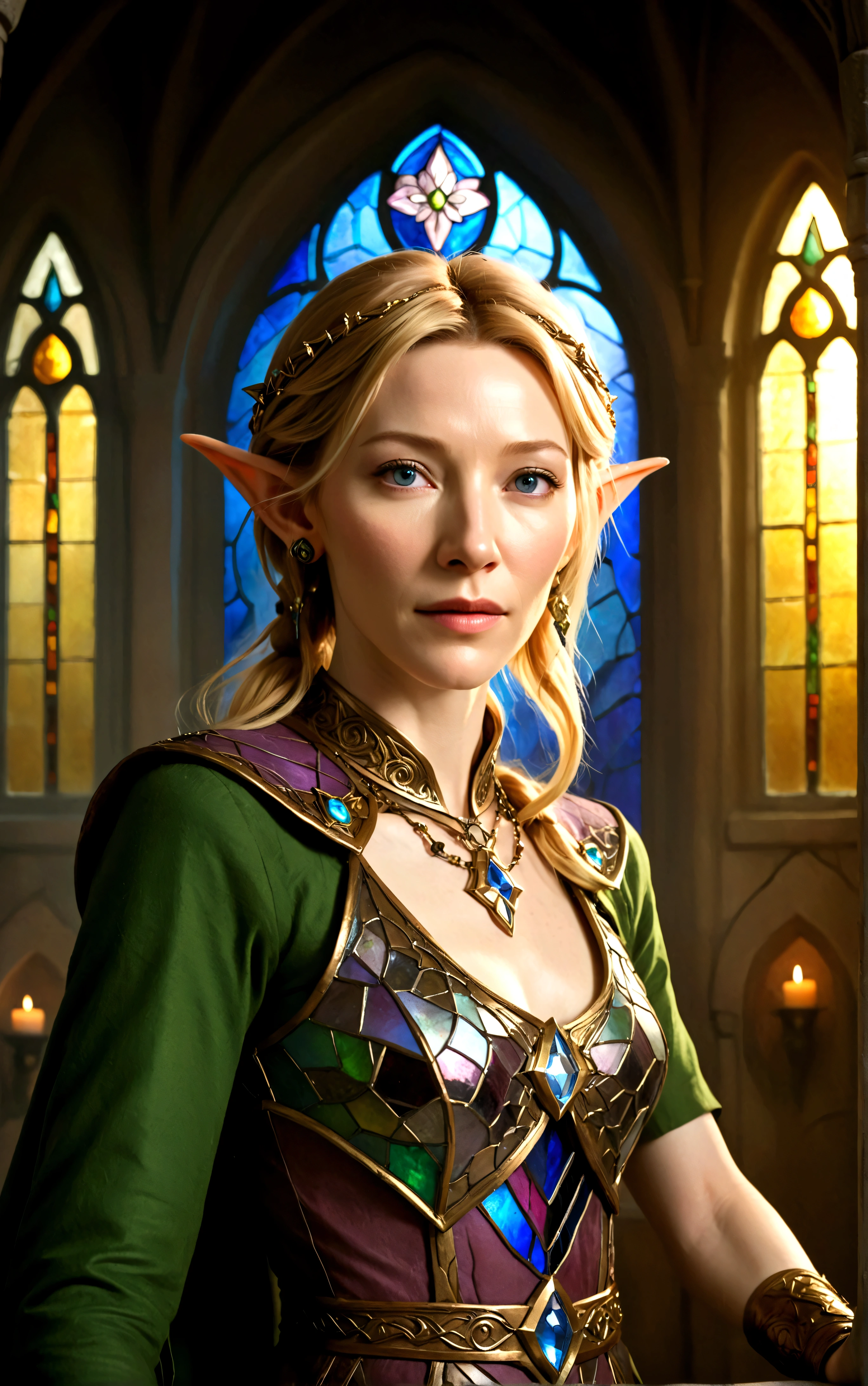 high quality portrait of Cate Blanchett, 25 years old, elf ears, wearing Twilight princess Zelda costume, heroic pose, lavish room with stained glass, extremely detailed face and eyes, intricate costume details, dramatic lighting, photorealistic, vibrant colors, cinematic, fantasy, award-winning digital art