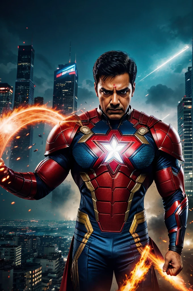 Create a dynamic and action-packed photomanipulation reminiscent of Marvel superhero movies. Feature the Indian politician he unique superpowers in a cityscape, surrounded by vivid colors and high-energy effects