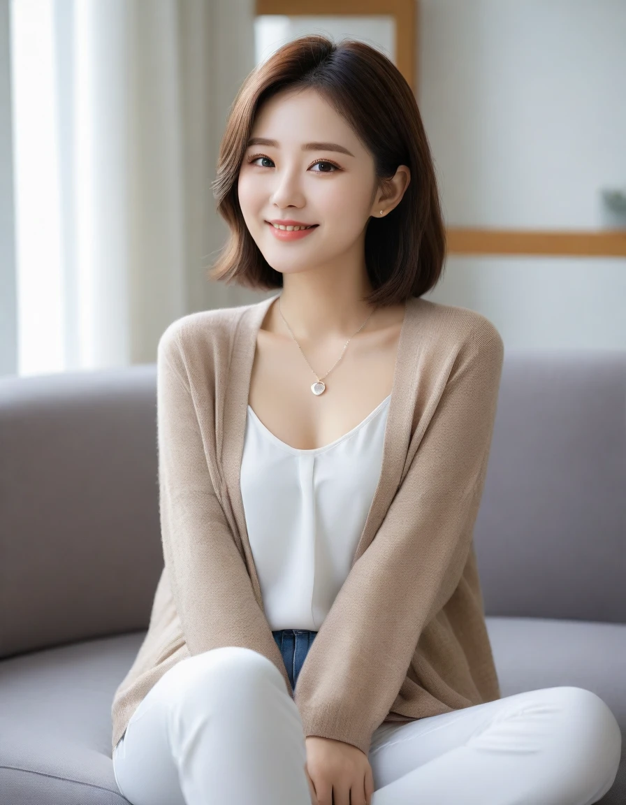 Beautiful Korean Woman , 32 inch chest size, Your eyes are big and pretty. Wearing a cardigan with a blouse, casual pants, short medium hair, Smile. necklace, sit on the sofa and drink coffee, porcelain coffee cup, uhd