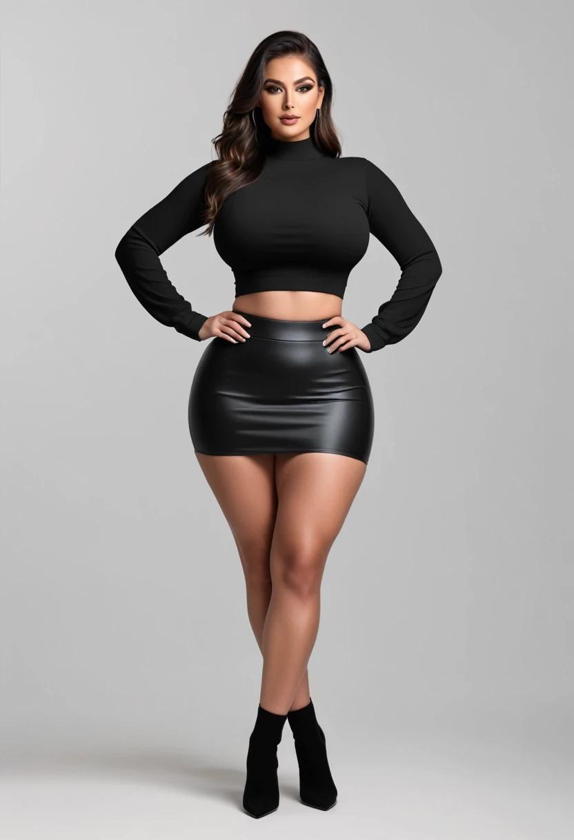 a woman busty and medium thick with crop top with long sleeves and a little black skirt, 8k, thick lengs, full body,standing straight