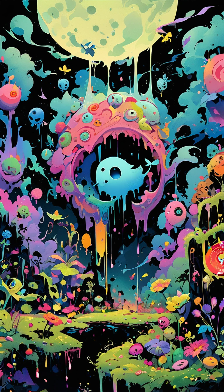 high resolution, high quality , masterpiece .Surrealist ink painting，Colorful, Elements of absurdity and depravity,Ross Chen (ross tran) style of，以燃烧的纸币For reference，Robbie Dewi Antono (Roby Dwi Antono) For reference, ,Moth,Target, mistake, Ghostly Entity Rises Into Neo-Traditional Ink-Dripping Sky, The chiaroscuro lighting enhances the symbolism of death,pill, A moon adorned with eyes that exude breath,Atmosphere. Dark horror style, Disturbing, Crazy Art Conspiracy,inauspicious.