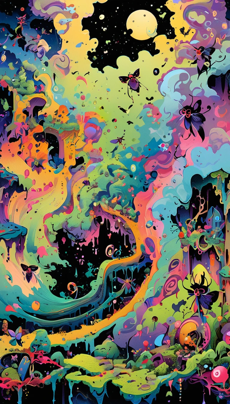 high resolution, high quality , masterpiece .Surrealist ink painting,Colorful, Elements of absurdity and depravity,Ross Chen (ross tran) style of,以燃烧的纸币For reference,Robbie Dewi Antono (Roby Dwi Antono) For reference, ,Moth,Target, mistake, Ghostly Entity Rises Into Neo-Traditional Ink-Dripping Sky, The chiaroscuro lighting enhances the symbolism of death,pill, A moon adorned with eyes that exude breath,Atmosphere. Dark horror style, Disturbing, Crazy Art Conspiracy,inauspicious.