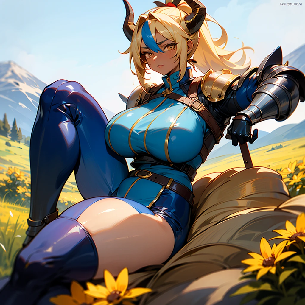 1girl, detailed ((blonde hair)), (gold eyes), ((big red horns)), {{dark skin}}, ({dark skinned female}), gigantic breasts, thick thighs, translucent blue veins on the body, strong abdominal muscles, strong leg muscles, strong arm muscles, ponytail hairstyle, wearing a blue coat with rolled up sleeves, steel belly heavy armor, leather pants, leather steel gloves, wide a leather belt with gold yarn walks through a flower meadow against the backdrop of distant high mountains,