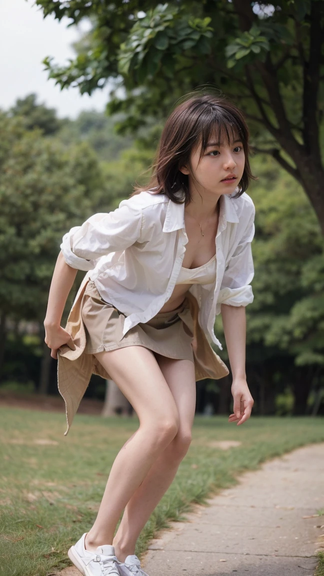 ((Extremely precise and accurate anatomy)), (((Low angle shooting、Looking into the camera:1.22,Leaning forward、Open shirt、No underwear)))、(((8K、Highest quality、masterpiece、Ultra-high resolution)))、(Realistic:1.4)、RAW Photos、(Real skin texture:1.3)、(Film Grain:1.1)、((Are standing、Skirt flutters in strong winds、Under the skirt、Do not bend your legs、don't bend your knees、Spread your thighs、Beachside、))、One Girl、Beautiful and detailed eyes and face、masterpiece、Highest quality、close、thin、Japanese Uniform、dynamic、barefoot、Various poses、