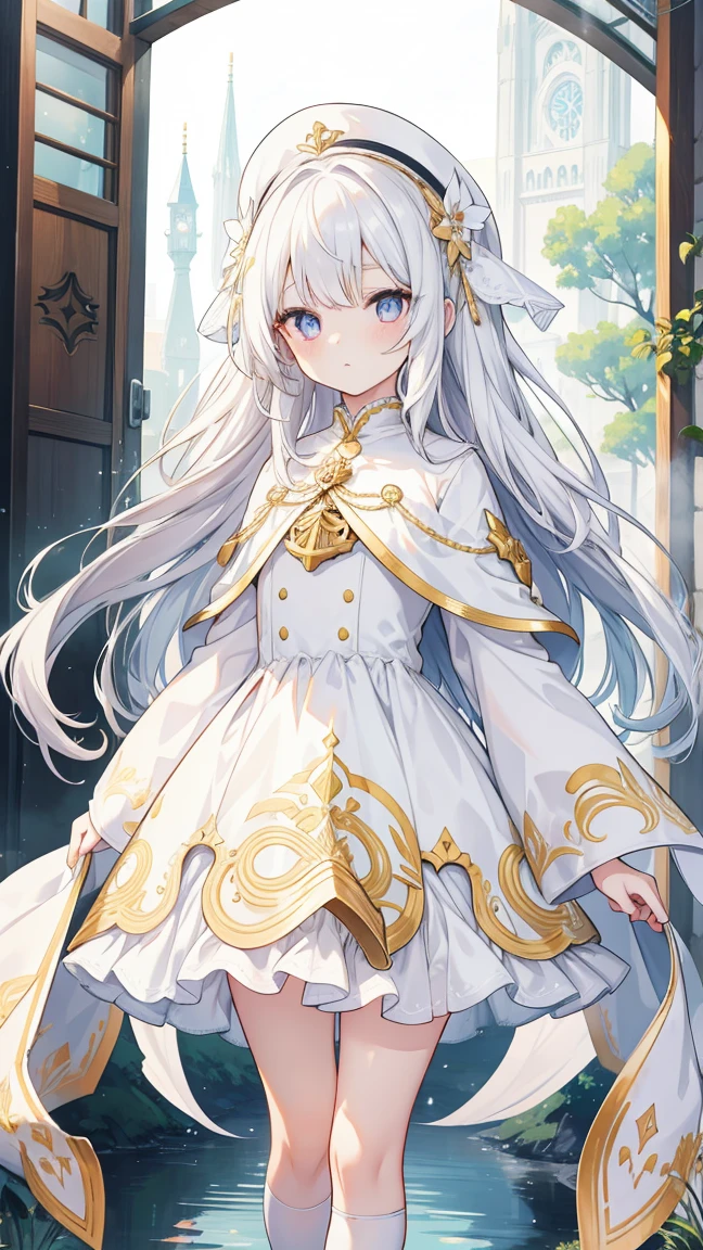 A ,Female face,White long hair,Golden pupils,There are bright spots in the eyes,Female hands,White Loliress,Full body clothing,White cape and white little hands,Normal fingers,masterpiece,Delicate and exquisite的二次元精美画风,Delicate and exquisite,8K high quality,CG Wallpaper,flat chest,Solitary