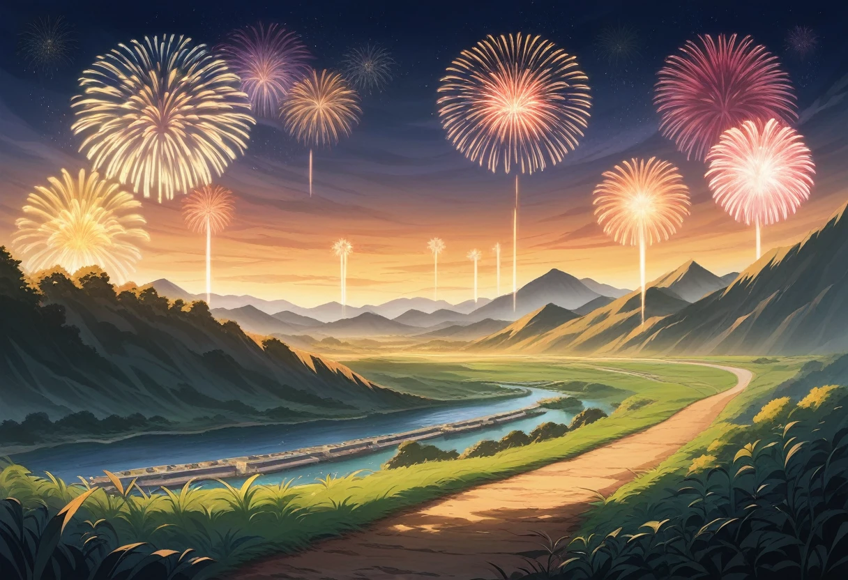 a painting of fireworks and a field with a path leading to it, Heroine Japan Vivid scenery, Anime Background Art, Lofi Artstyle, firework, Just a joke, Anime countryside landscape, Official artwork, Colorful anime movie background, fireworks, Lofi Color, Art Deco takes over anime aesthetics, Trending Anime Artwork, Lofi Art, Summer Festival Night, Japanese art style