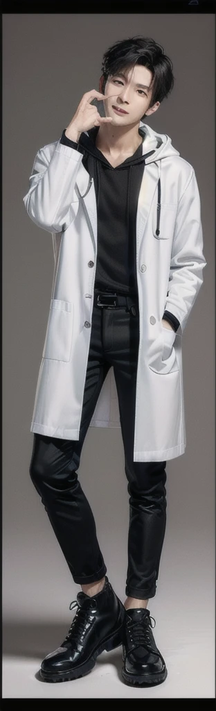 (photorealistic:1.2), (high detail face:1.3), (high detail hands:1.3), (anatomically correct hands:1.2), handsome young asian man, Japanese idol style, short clean-cut hair, ((center part)), (crisp white lab coat:1.3), ((black hoodie underneath:1.2)), (black pants:1.2), (black shoes:1.2), calm confident expression, (holding a product in right hand:1.3), (pointing with left index finger:1.3), explaining pose, plain white background, mid-shot portrait, full body view, high quality, detailed, 8K, (realistic skin texture:1.2), (sharp focus:1.1), (contrast between white coat and black clothing:1.2)