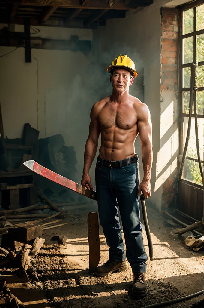 a fireman, shirtless, 79 yrs, holding an ax, behind is fire, wearing fireproof pants, Fireproof boots, Helmet