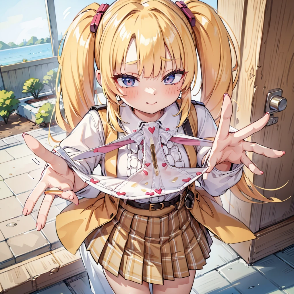blonde, {{{Half Twin Tail:1.3}}}、shirt, blush, white shirt, hair ornaments, Manicure, Plaid skirt, Pleated skirt,
,Pay attention to the panties,
Looking down,View your audience,Panties as a gift,Tabletop, Highest quality, Perfect Skin, Detailed skin texture, Super detailed, 8K, Intricate details, Beautifully detailed face,High resolution,
Looking down at the viewer, masterpiece, (Panties are stained with pee)、(Pussy、Love Juice)、(body odor),perfect hands