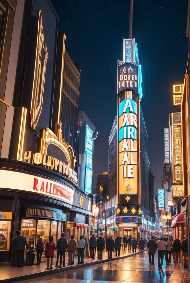 Create a highly detailed miniature model of Hollywood featuring iconic landmarks such as the Hollywood Sign, Walk of Fame, and the Dolby Theatre. The color palette is inspired by the city's vibrant nightlife, with deep blues, grays, and golds. The model includes miniature figures of people exploring the streets, shops, and cafes. A shallow depth of field is used to draw focus to the landmarks while softly blurring the foreground and background for depth effect.