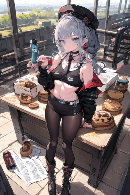 (perky chest:1.2), (pointed chest:1.2),(((Black Tunic:1.3))),(((cakes and bread in the basket),Cute and beautiful girl,masterpiece、highest quality、Very detailed、Beautiful fine details、One Girl、Detailed landscape、Training gym Room Background:1.4、Braided Ponytail、Red camisole、((B cup breasts, Tank top showing underboob:1.3)), black jacket, thigh strap, bangs, necktie, earrings, nail polish, fishnet pantyhose, multicolored hair, looking at viewer, full body, bottle, own hands together, belt, food, animal on head, black necktie, ring, choker, english text paper:1.2, collared shirt, blue eyes, platform boots, hat,lace-up boots ,