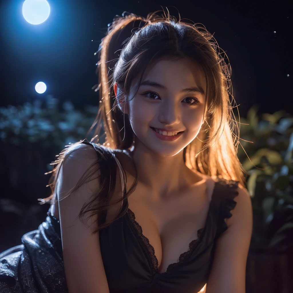 (((A very beautiful moonlit night)))、((An 18-year-old girl with a very cute face like an idol))、Smiling Kindly、Cleavage、(Cinema lighting)、Artistry、(Facial and body depictions that are indistinguishable from real life)、masterpiece