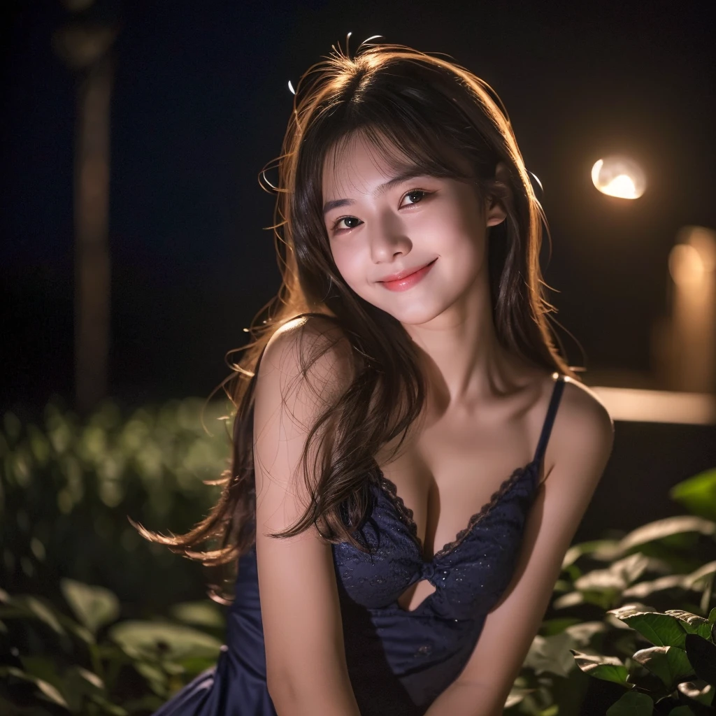 (((A very beautiful moonlit night)))、((An 18-year-old girl with a very cute face like an idol))、Smiling Kindly、Cleavage、(Cinema lighting)、Artistry、(Facial and body depictions that are indistinguishable from real life)、masterpiece