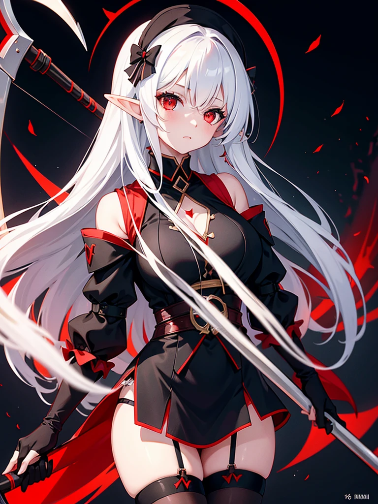 1 Girl Elf, black medivial dress, red stockings, red eyes, white hair with bow, with a huge scythe, against the backdrop of the red moon, night, looking at viewer, 8k, masterpiece, high res, ultrasharp